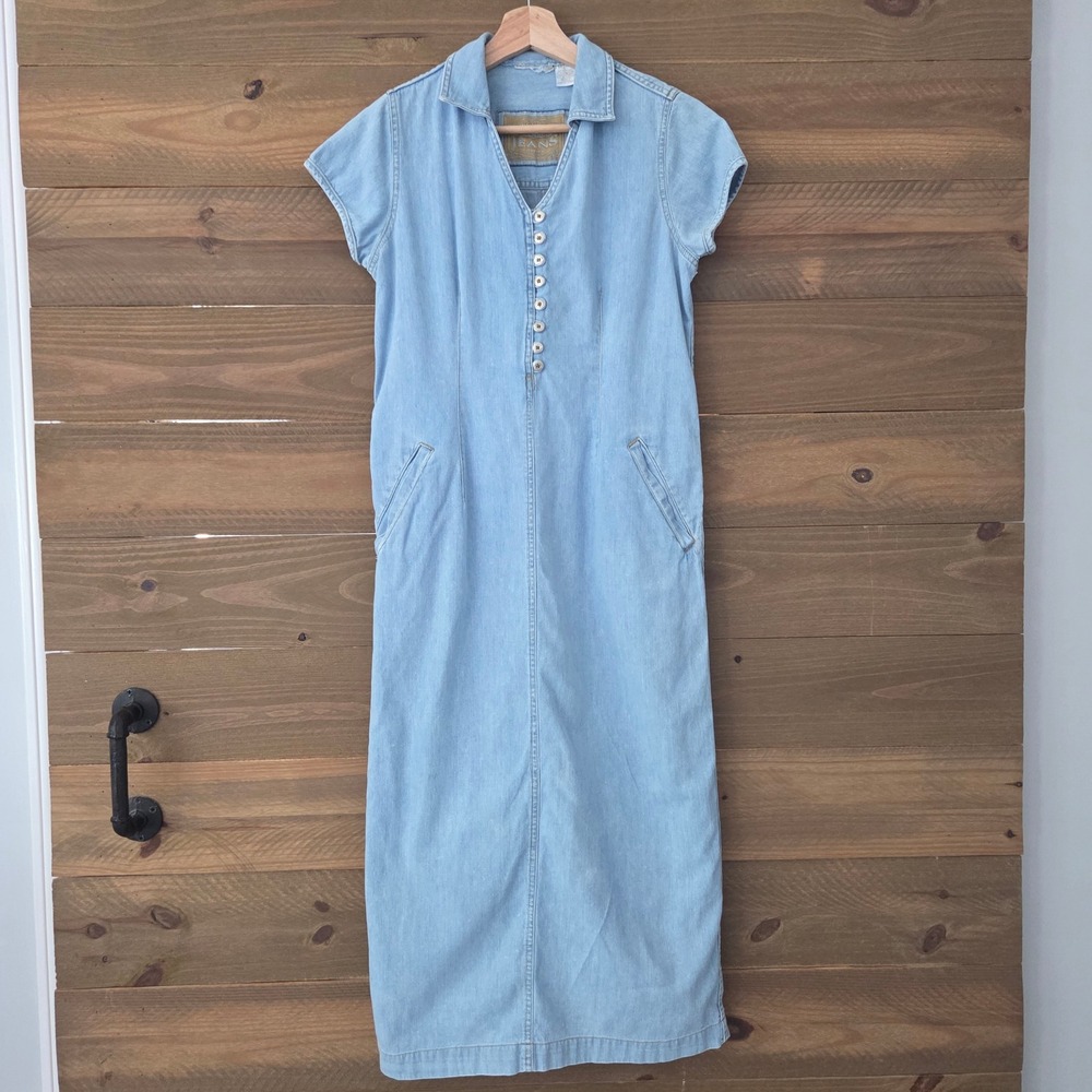 Vintage Liz Claiborne Jeans Maxi Dress Light Wash Denim Button Front 4P 4 Petite